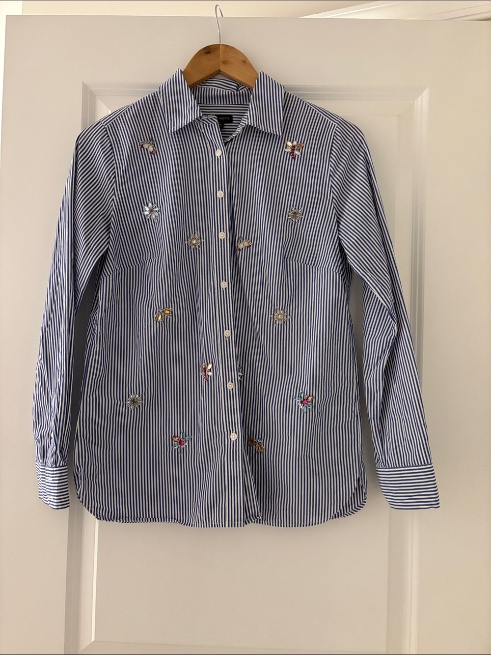 Talbots Blue and White Striped Bug Embroidered Button-Down Shirt